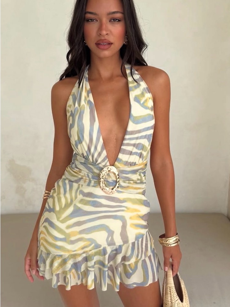 Kiata Mini Dress- Halter V-Neck Mini Dress In Cream, Yellow & Gray